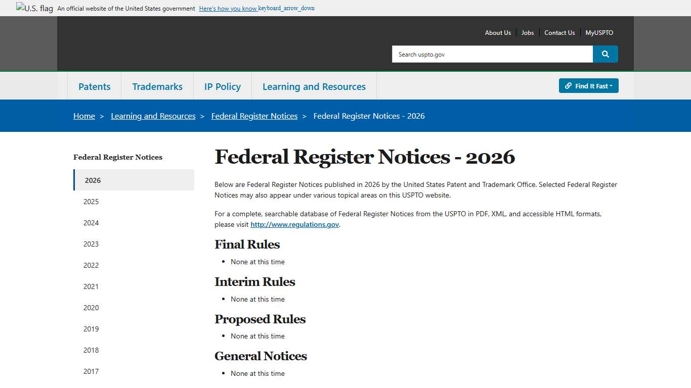 Federal Register Notices - 2026 USPTO